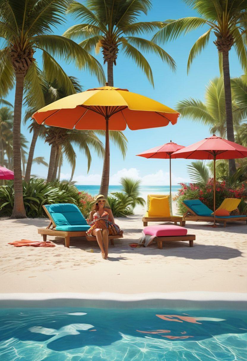 A vibrant, sunny beach scene depicting various styles of beach attire, including colorful swimsuits, flowy cover-ups, and trendy hats, with people lounging by a sparkling pool and enjoying the ocean waves. Include palm trees swaying in the background and a beach umbrella for added relaxation vibes. Bright and cheerful atmosphere, conveying a sense of fun and leisure. super-realistic. vibrant colors. 3D.